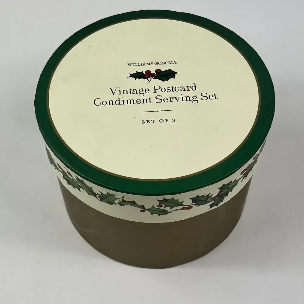 Williams Sonoma 2012 Vintage Postcard Condiment Serving Bowls Set of 3 With Box